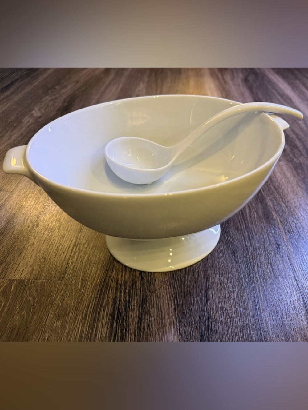 Pottery Barn White Ceramic Pedestal Bowl with Serving Spoon